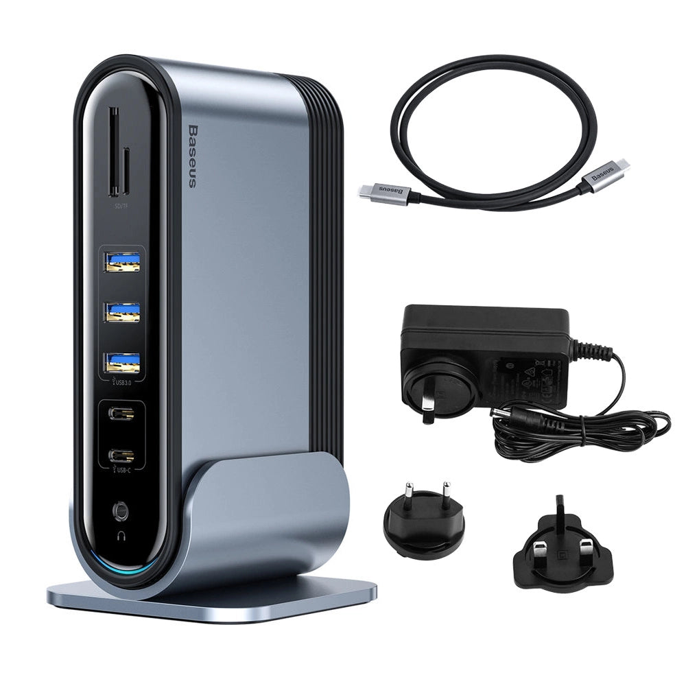 Baseus multifunktionelle HUB 3x USB 3.2 Gen 1 / 2x USB 2.0 / 2x USB Type C / SD og micro SD kortlæser / AUX / 3x HDMI / RJ45 1Gbps Strømforsyning 100W (EU / CN / UK stik) grå (CAHUB-DG0G)