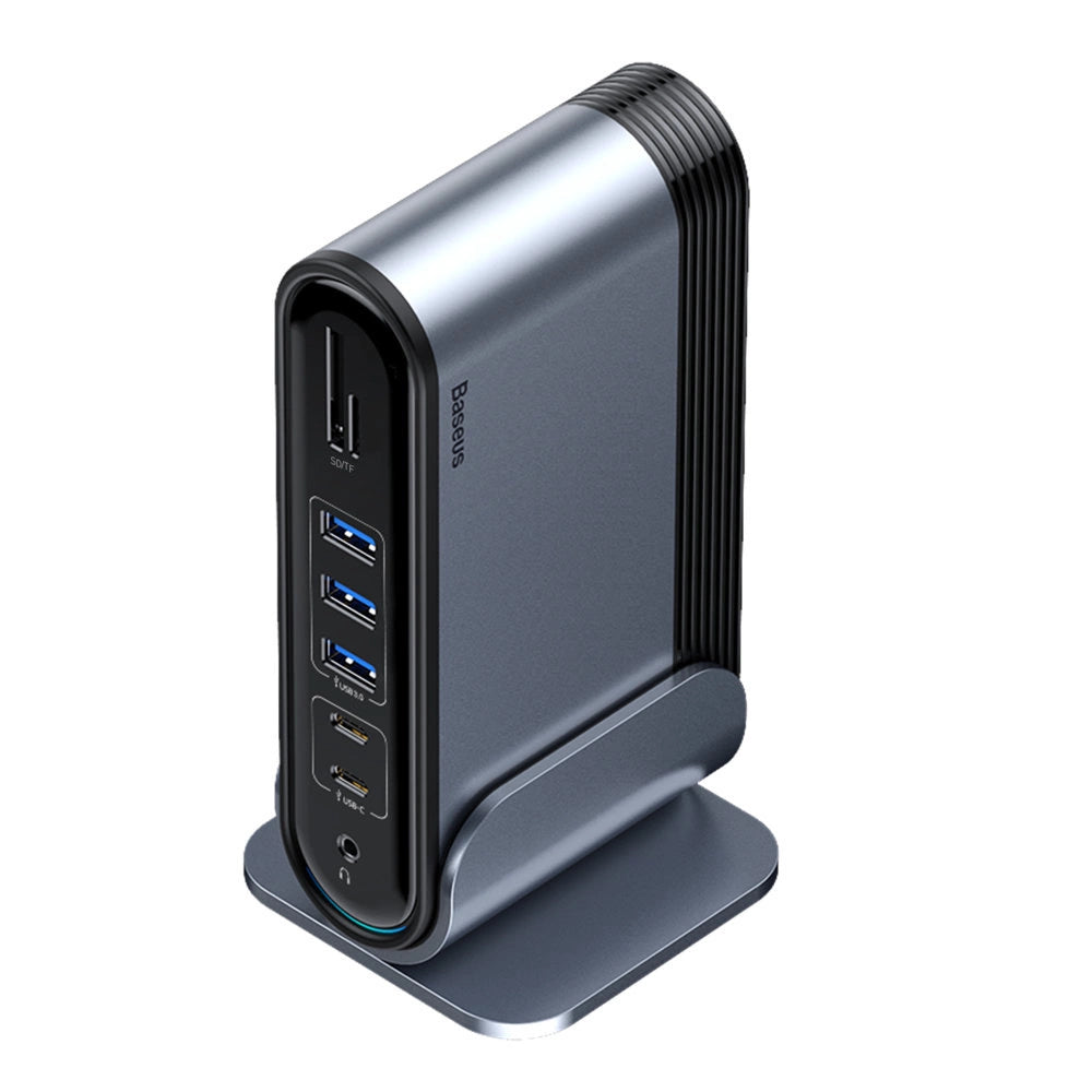 Baseus multifunktionelle HUB 3x USB 3.2 Gen 1 / 2x USB 2.0 / 2x USB Type C / SD og micro SD kortlæser / AUX / 3x HDMI / RJ45 1Gbps Strømforsyning 100W (EU / CN / UK stik) grå (CAHUB-DG0G)