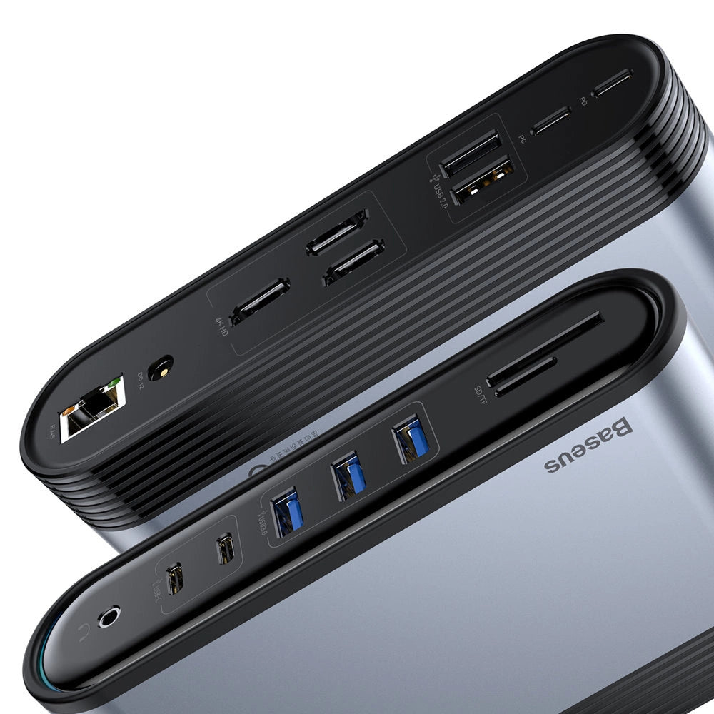 Baseus multifunktionelle HUB 3x USB 3.2 Gen 1 / 2x USB 2.0 / 2x USB Type C / SD og micro SD kortlæser / AUX / 3x HDMI / RJ45 1Gbps Strømforsyning 100W (EU / CN / UK stik) grå (CAHUB-DG0G)