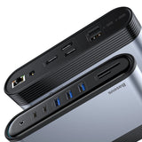 Baseus multifunktionelle HUB 3x USB 3.2 Gen 1 / 2x USB 2.0 / 2x USB Type C / SD og micro SD kortlæser / AUX / 3x HDMI / RJ45 1Gbps Strømforsyning 100W (EU / CN / UK stik) grå (CAHUB-DG0G)