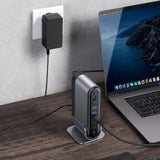 Baseus multifunktionelle HUB 3x USB 3.2 Gen 1 / 2x USB 2.0 / 2x USB Type C / SD og micro SD kortlæser / AUX / 3x HDMI / RJ45 1Gbps Strømforsyning 100W (EU / CN / UK stik) grå (CAHUB-DG0G)