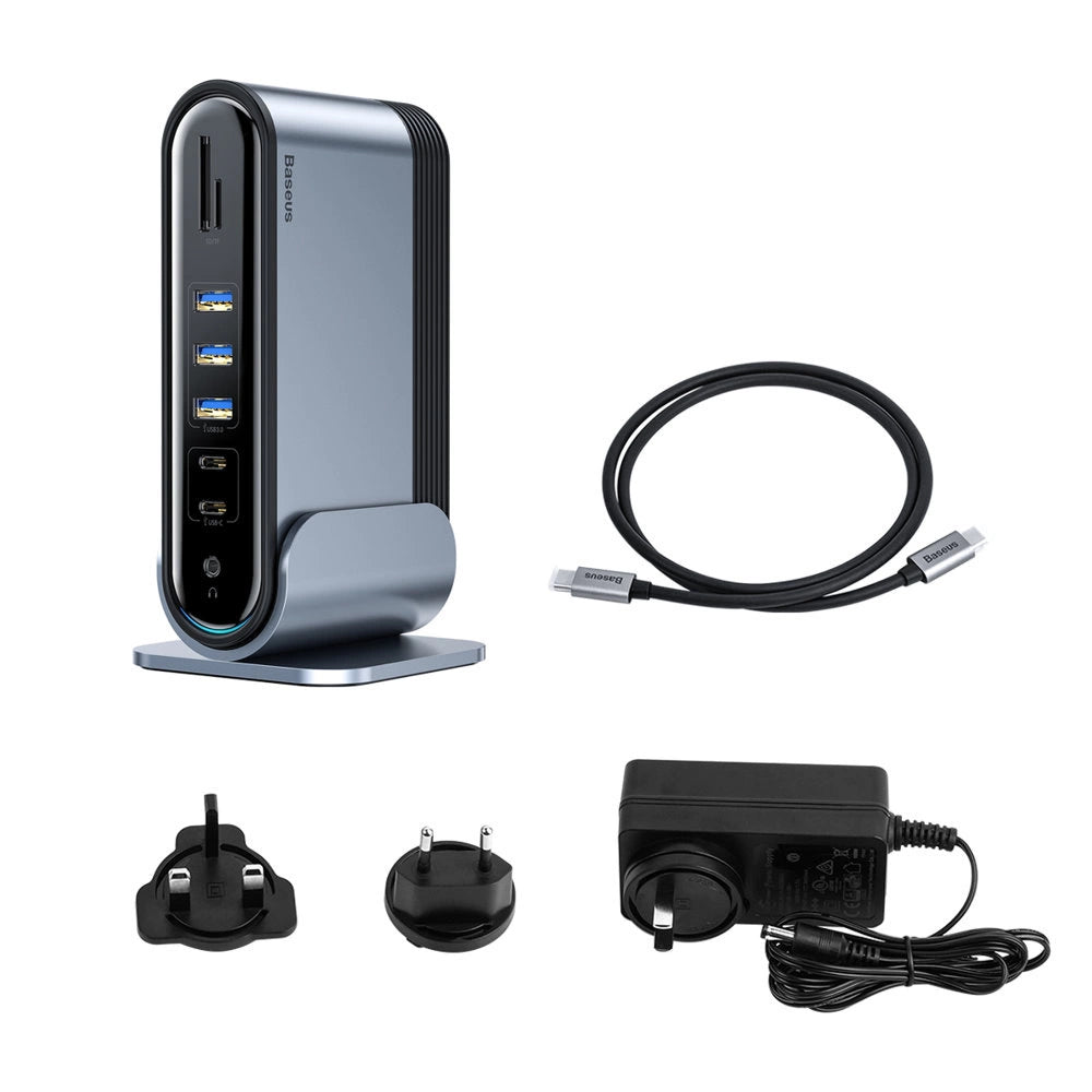Baseus multifunktionelle HUB 3x USB 3.2 Gen 1 / 2x USB 2.0 / 2x USB Type C / SD og micro SD kortlæser / AUX / 3x HDMI / RJ45 1Gbps Strømforsyning 100W (EU / CN / UK stik) grå (CAHUB-DG0G)