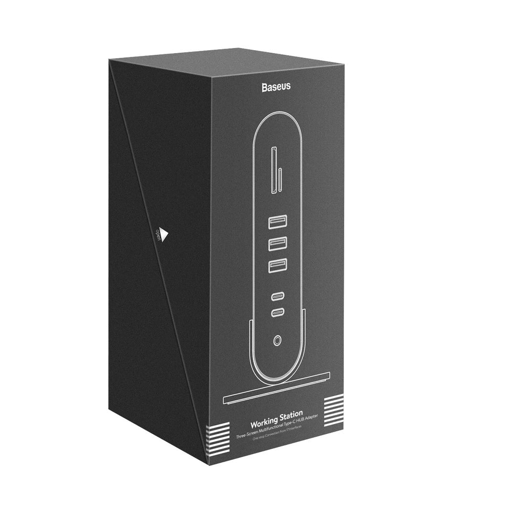 Baseus multifunktionelle HUB 3x USB 3.2 Gen 1 / 2x USB 2.0 / 2x USB Type C / SD og micro SD kortlæser / AUX / 3x HDMI / RJ45 1Gbps Strømforsyning 100W (EU / CN / UK stik) grå (CAHUB-DG0G)