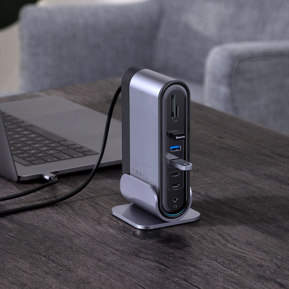 Baseus multifunktionelle HUB 3x USB 3.2 Gen 1 / 2x USB 2.0 / 2x USB Type C / SD og micro SD kortlæser / AUX / 3x HDMI / RJ45 1Gbps Strømforsyning 100W (EU / CN / UK stik) grå (CAHUB-DG0G)