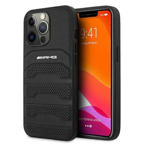 AMG AMHCP13LGSEBK iPhone 13 Pro / 13 6,1" sort/sort hårdkasse Læder Debossed Lines