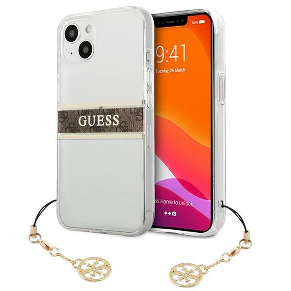 Guess GUHCP13SKB4GBR iPhone 13 mini 5.4" Gennemsigtig hardcase 4G Brown Strap Charm
