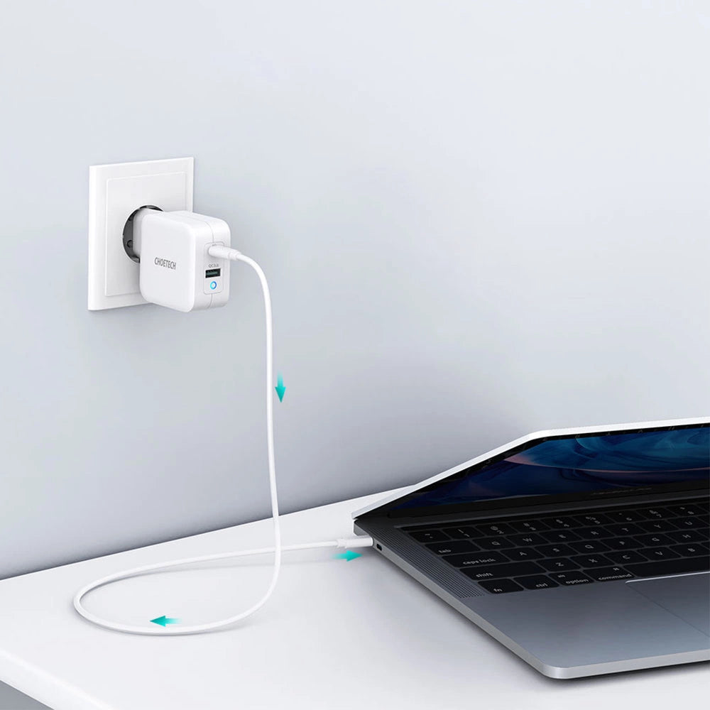 Choetech hurtig GaN vægoplader USB Type C PD USB-A QC3.0 65W 3,25A hvid (PD8002)
