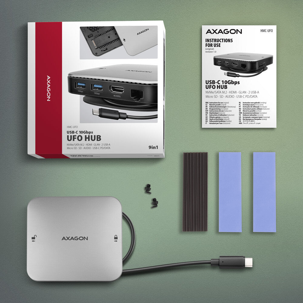 Axagon HMC-UFO USB-C Hub M.2 SATA/NVMe 1 Gbit/s Ethernet 384 kHz Audio Ledningsført USB 3.2 Gen 2 (3.1 Gen 2) Type-C Sort
