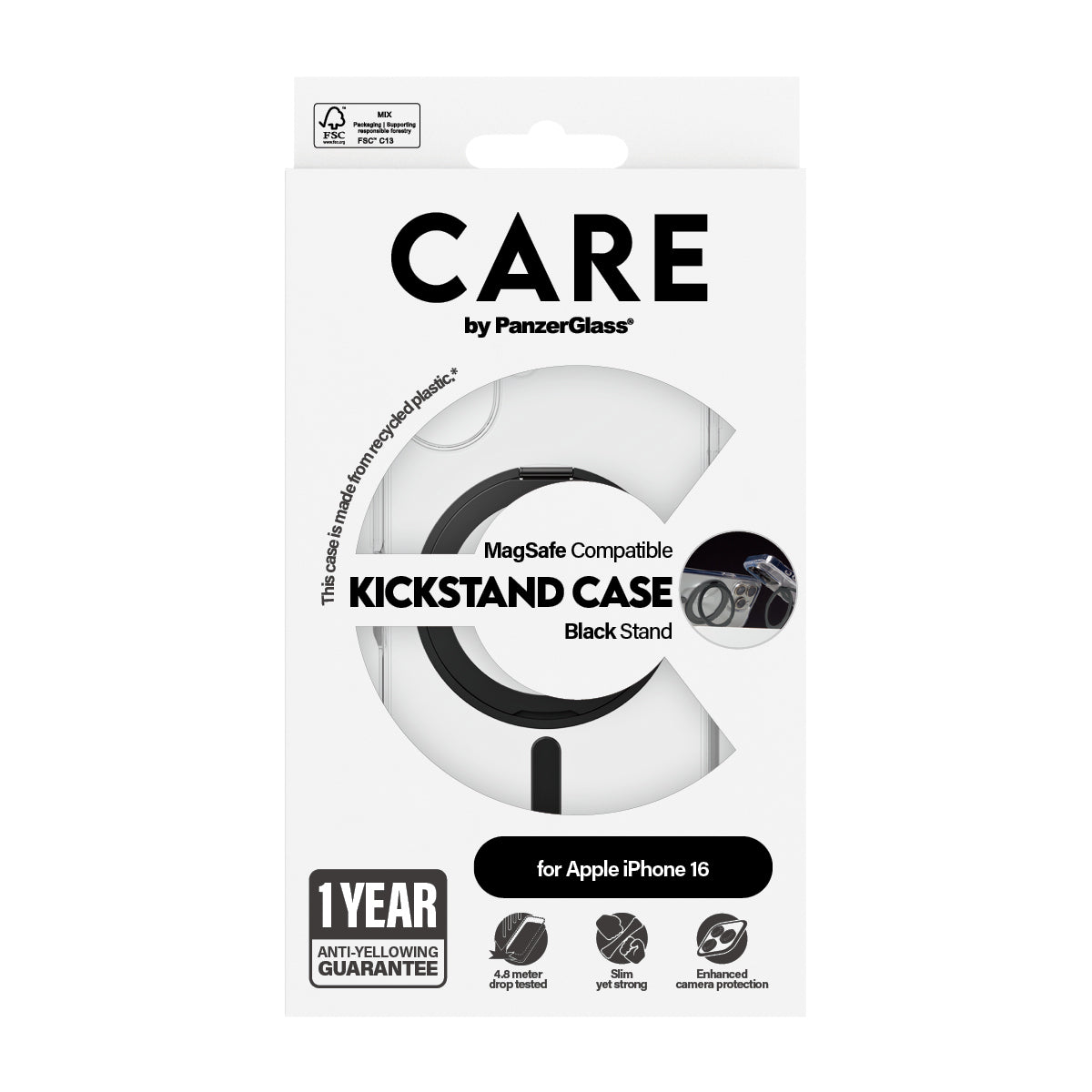 PanzerGlass CARE by ® Feature Case Transparent m. Sort Kickstand & MagSafe iPhone 16