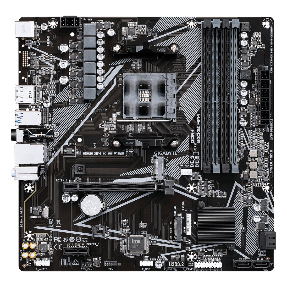 GIGABYTE B550M K WIFI6E Motherboard - AMD Ryzen 5000 CPUs, up to 4733MHz DDR4, 1xPCIe 4.0 + 1xPCIe 3.0 M.2, WIFI 6E, 1GbE LAN, USB 3.2 Gen 1