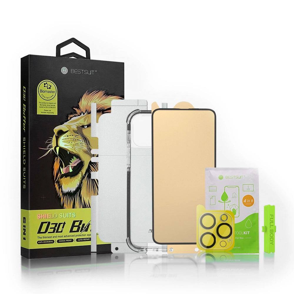 Bestsuit 6in1 sæt til iPhone 13 mini-kasse / tempereret glas flexi / bagkasse beskyttende film / kameraobjektiv tempereret glas / klud / applikator (D30 Buffer)