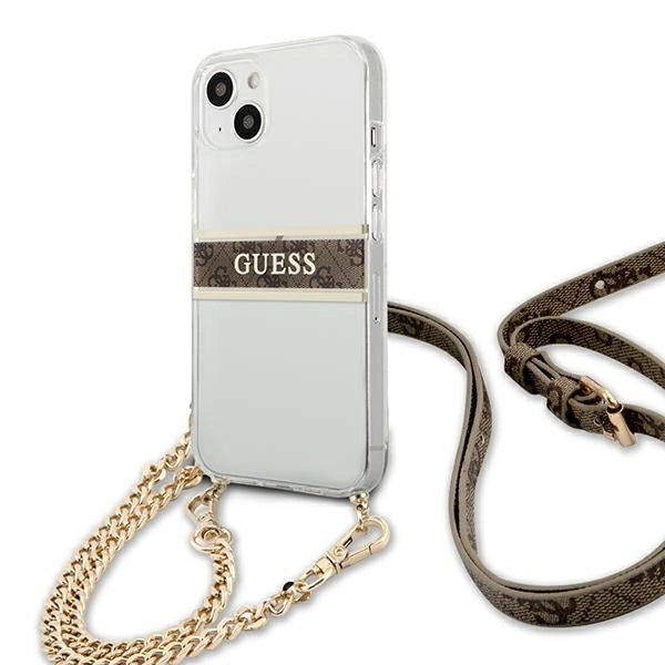 Guess GUHCP13SKC4GBGO iPhone 13 mini 5.4" Gennemsigtig hardcase 4G Brown Strap Gold Chain