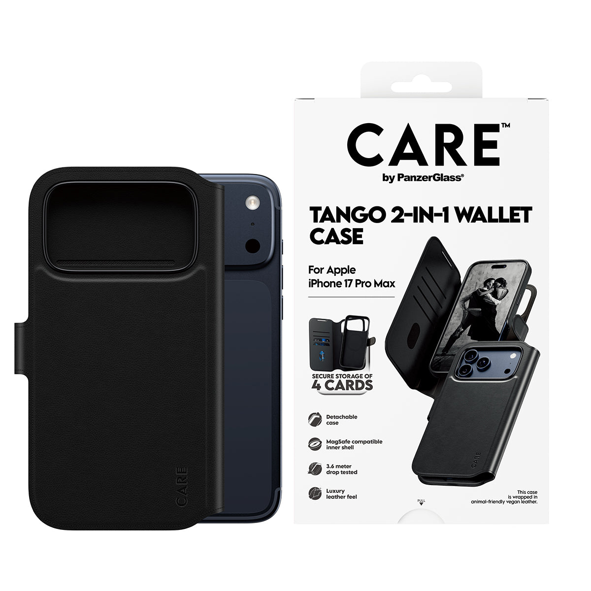 PanzerGlass CARE by Feature Case Tango Two-in-One Wallet w. MagSafe iPhone 17 Pro Max Beskyttelsescover Sort