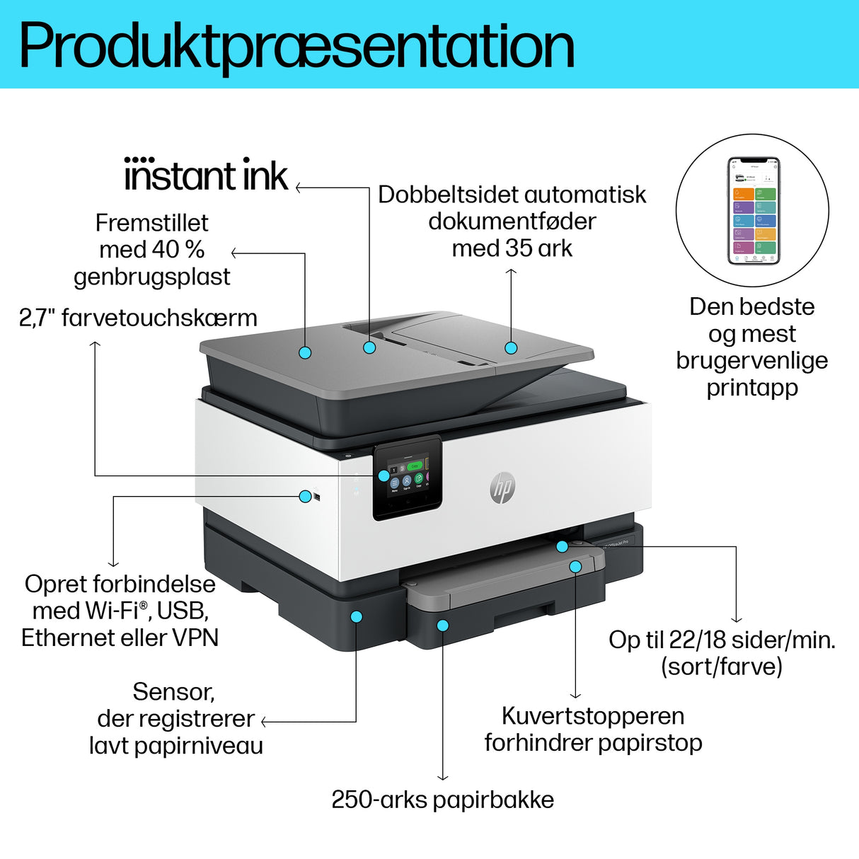 HP OfficeJet Pro 9120e Trådløst All-in-One Farve Printer, Instant Ink; 2-sidet printning
