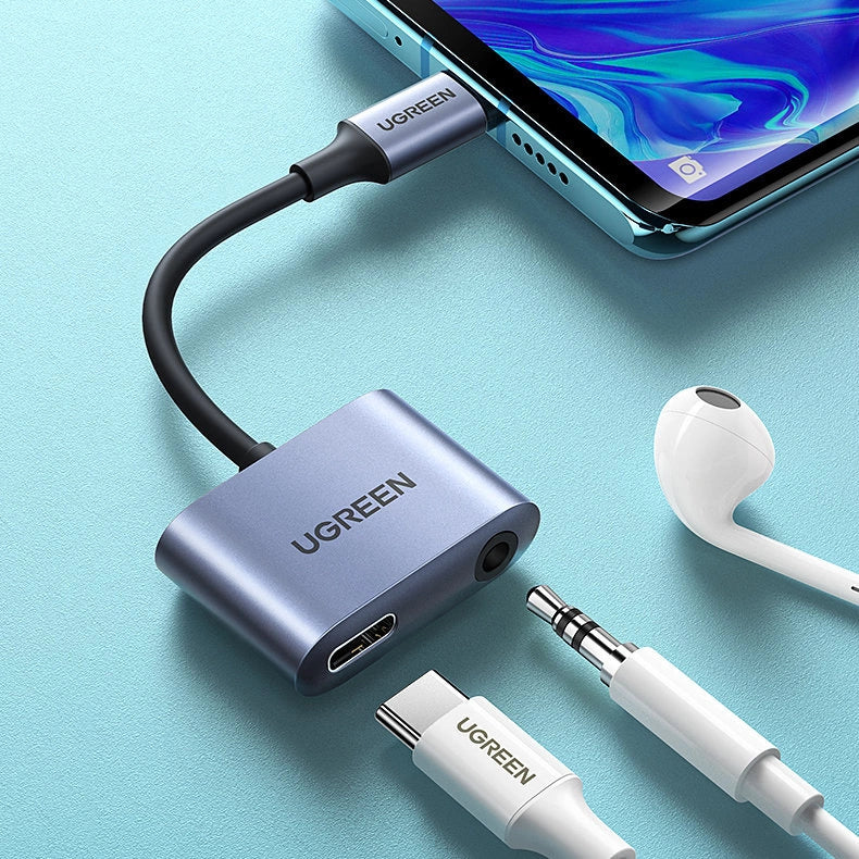 Ugreen audio adapter USB Type C (mandlig) - USB Type C PD QC (kvindelig) + 3,5 mm mini jack (kvindelig) grå (CM231)