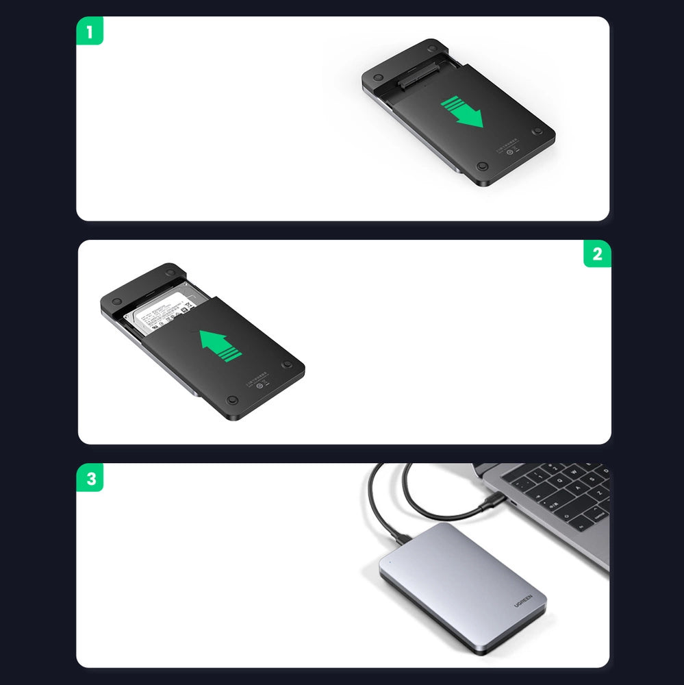Ugreen CM300 70498 bay for 2.5 SATA 3.0 6Gbps harddisk - grå + USB-C - USB-A kabel 0,5 m