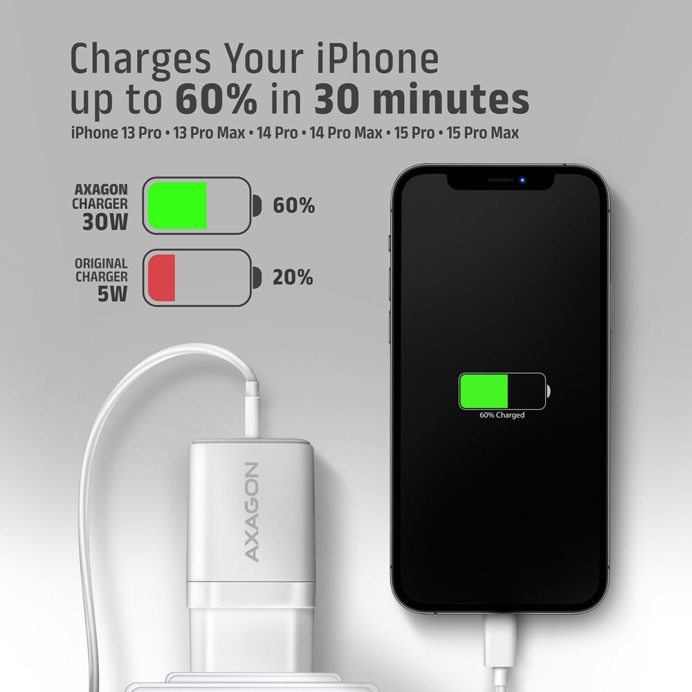 Axagon ACU-PQ30W Ladegerät QC3.0.4.0/AFC/FCP/PPS/Apple+ PD USB-C 30W - weiß - USB Typ C Mobiltelefon, Smartphone, SmartWatch, Tablet, Universel Hvid Vekselstrøm Hurtig opladning Indendørs