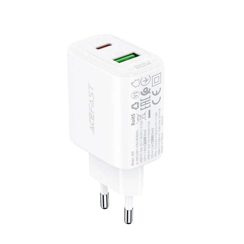 Acefast vægoplader USB Type C / USB 20W, PPS, PD, QC 3.0, AFC, FCP hvid (A25 hvid)