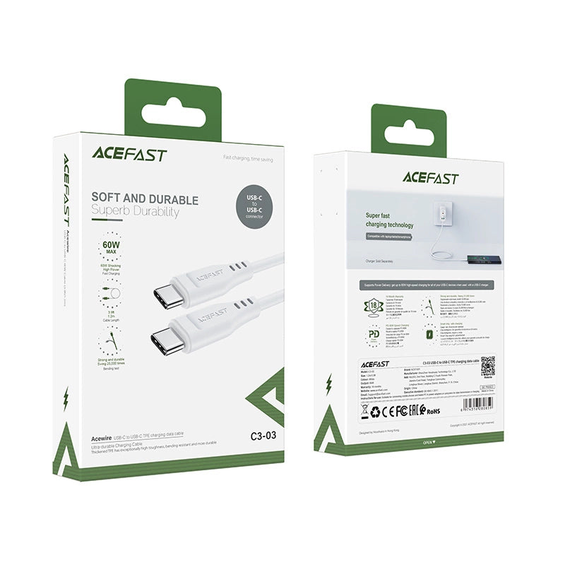 Acefast C3-03 USB-C - USB-C PD QC kabel 60W 3A 480Mb/s 1,2m - hvid