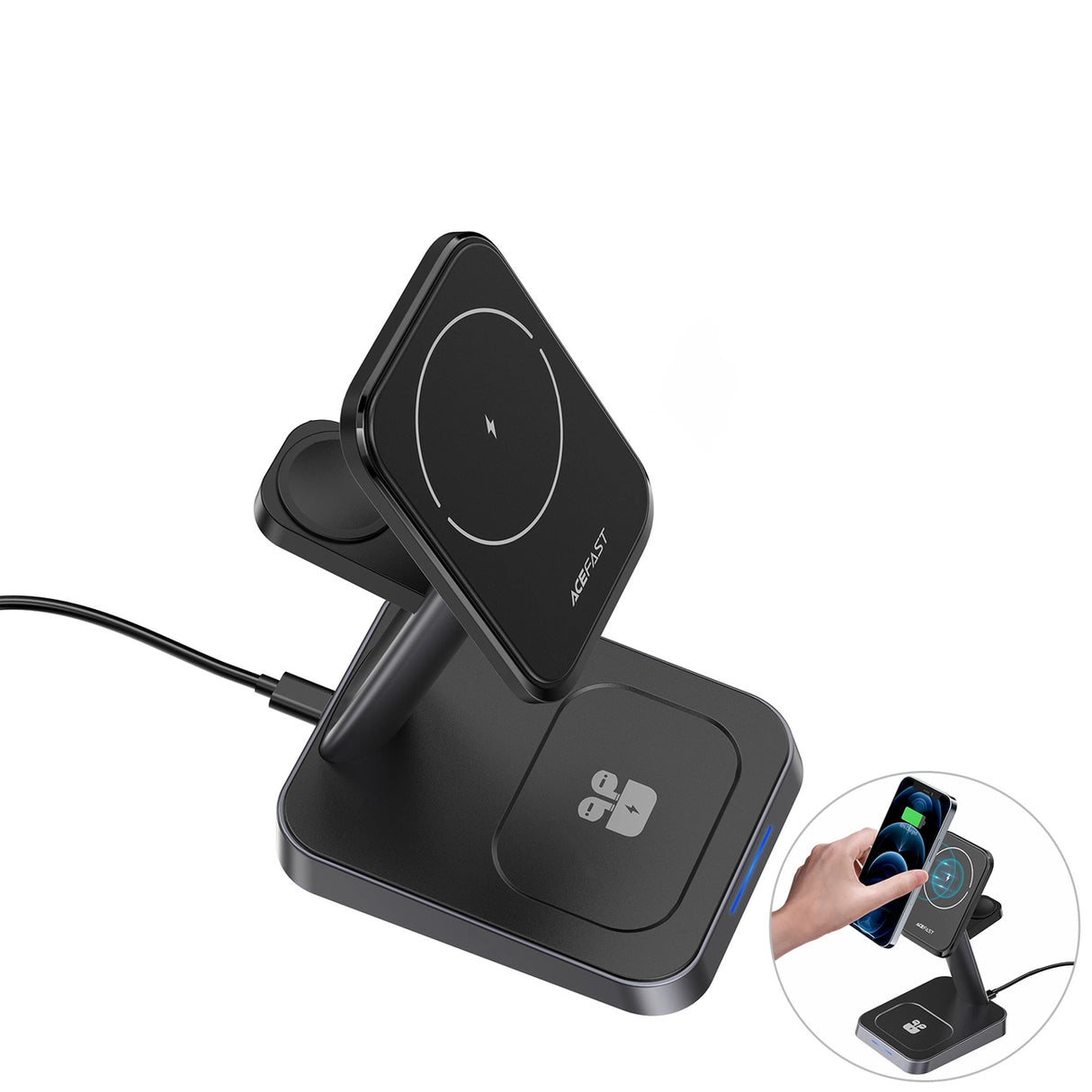 Acefast Qi trådløs oplader 15W til iPhone (med MagSafe), Apple Watch og Apple AirPods Standholder Magnetisk Holder sort (E3 sort)