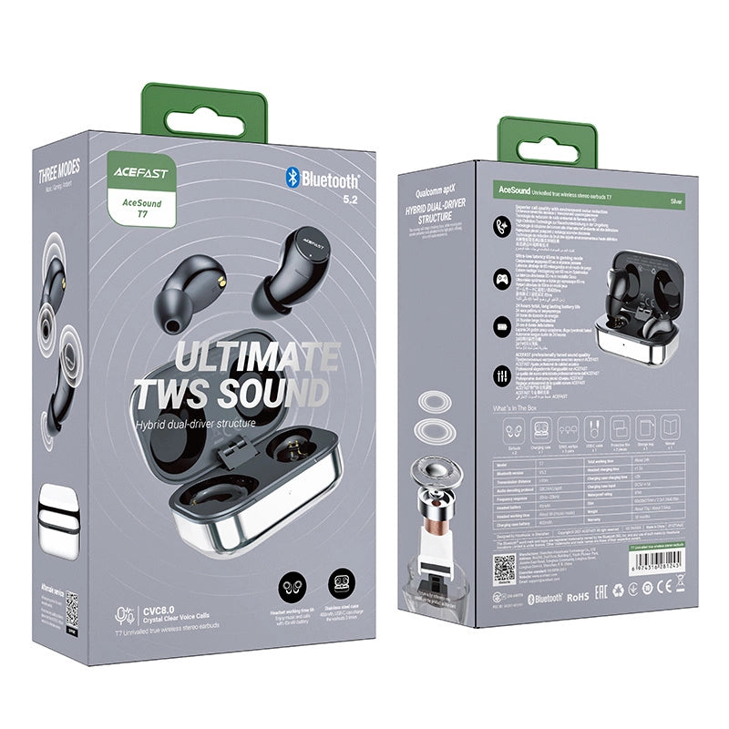 Acefast gaming in-ear trådløse hovedtelefoner TWS Bluetooth 5.2, cVc 8.0, aptX, SBC, AAC, 65ms forsinkelse vandtæt IPX4 sølv (T7 sølv)