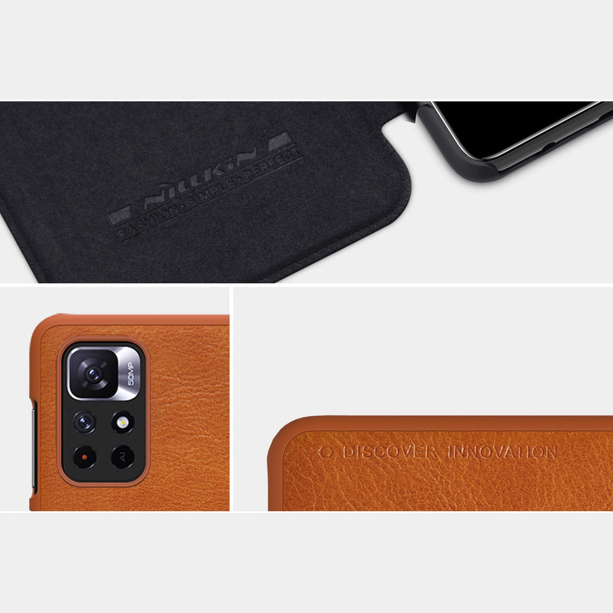 Nillkin Qin Case Case til Xiaomi Redmi Note 11T 5G / Note 11S 5G / Note 11 5G (Kina) / Poco M4 Pro 5G Kamera Cover Holster Cover Flip Case Brown
