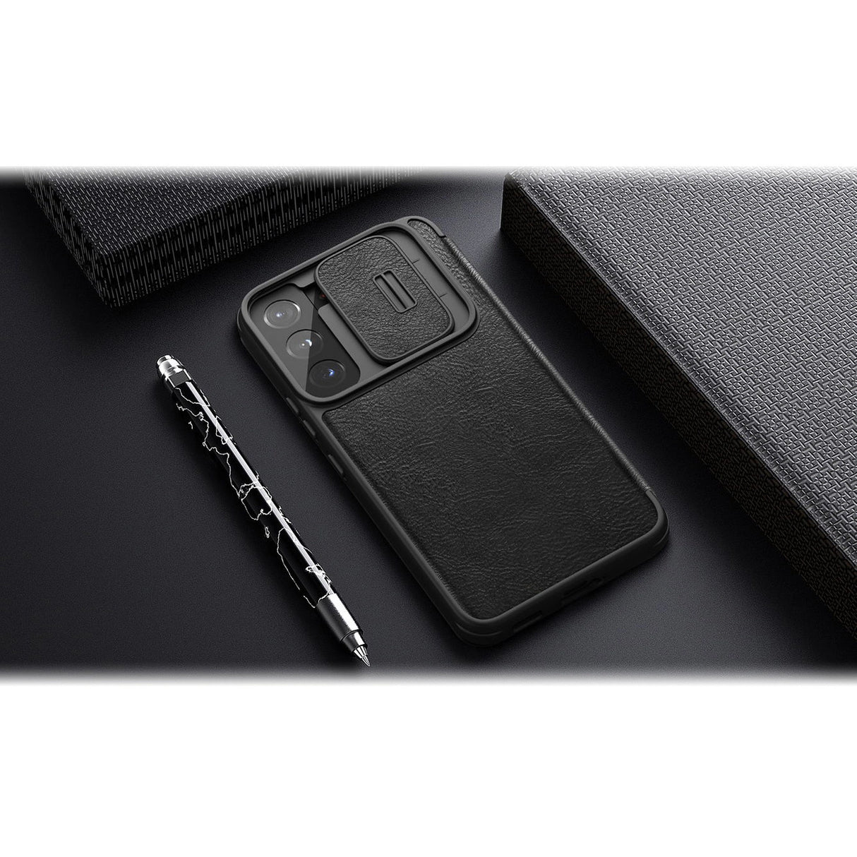 Nillkin Qin læder Pro Case Case for Samsung Galaxy S22 + (S22 Plus) Kamera beskytter Holster Cover Flip Case sort