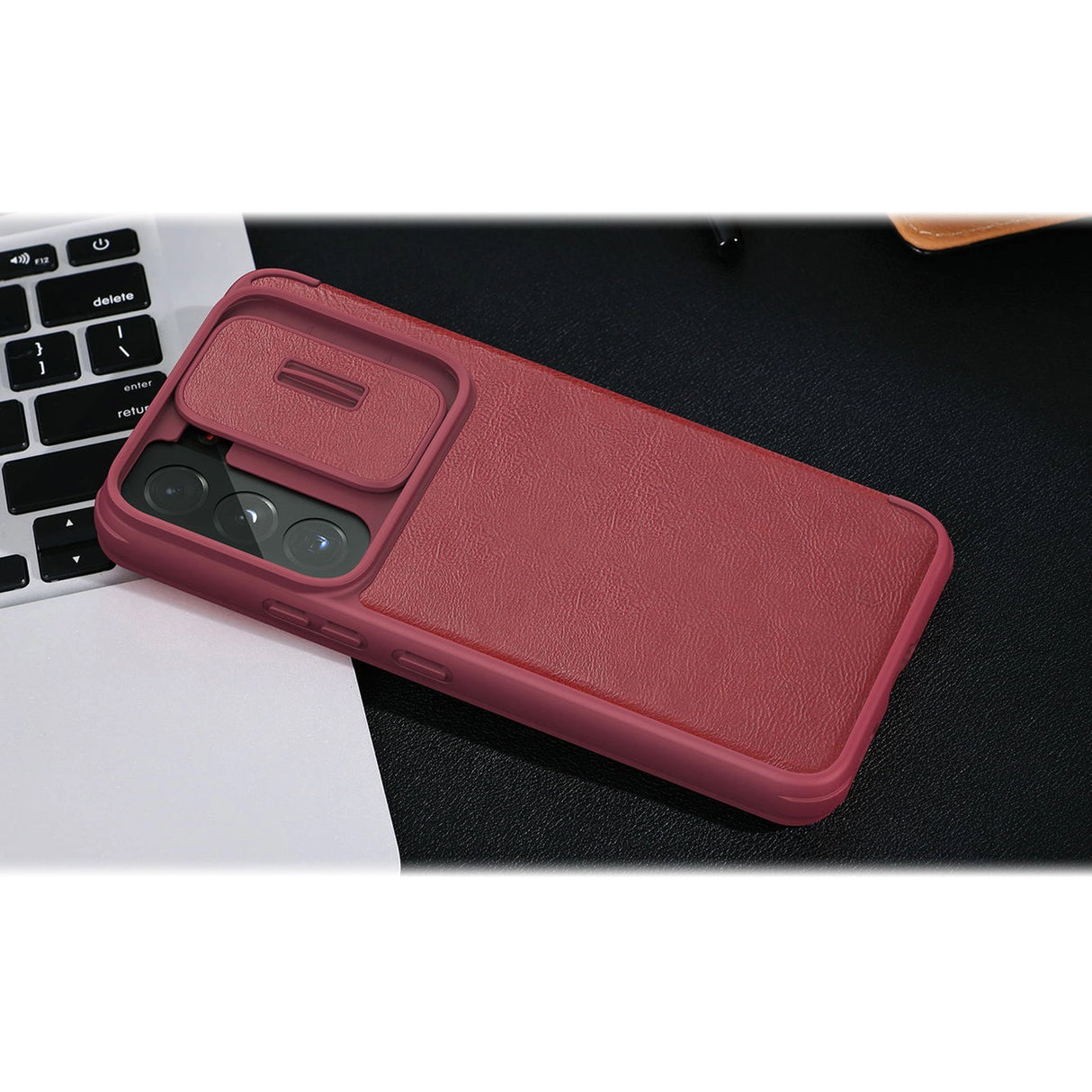 Nillkin Qin læder Pro Case Case for Samsung Galaxy S22 + (S22 Plus) Kamera beskytter Holster Cover Flip Case sort