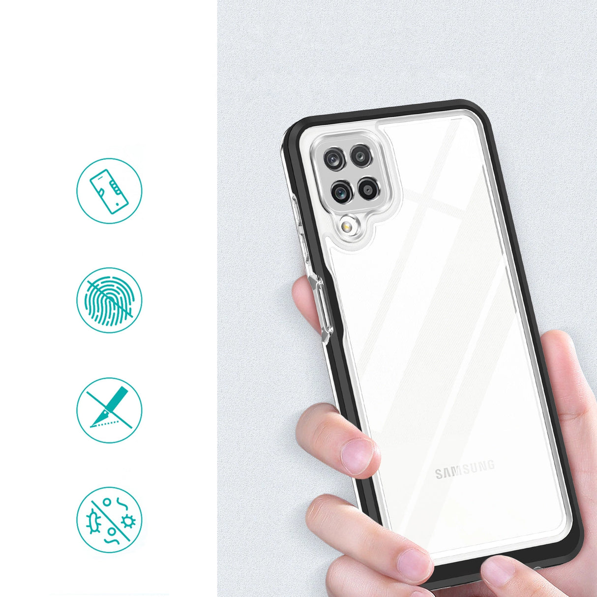 Clear 3in1 Case til Samsung Galaxy A22 4G Frame Gel Cover sort