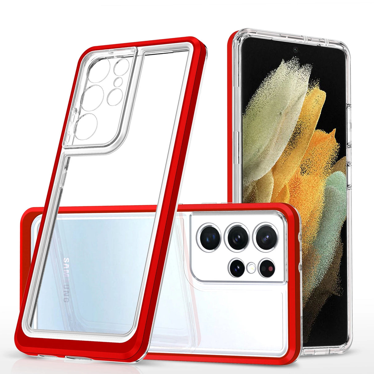 Clear 3in1 Case til Samsung Galaxy S21 Ultra 5G Frame Gel Cover Rød