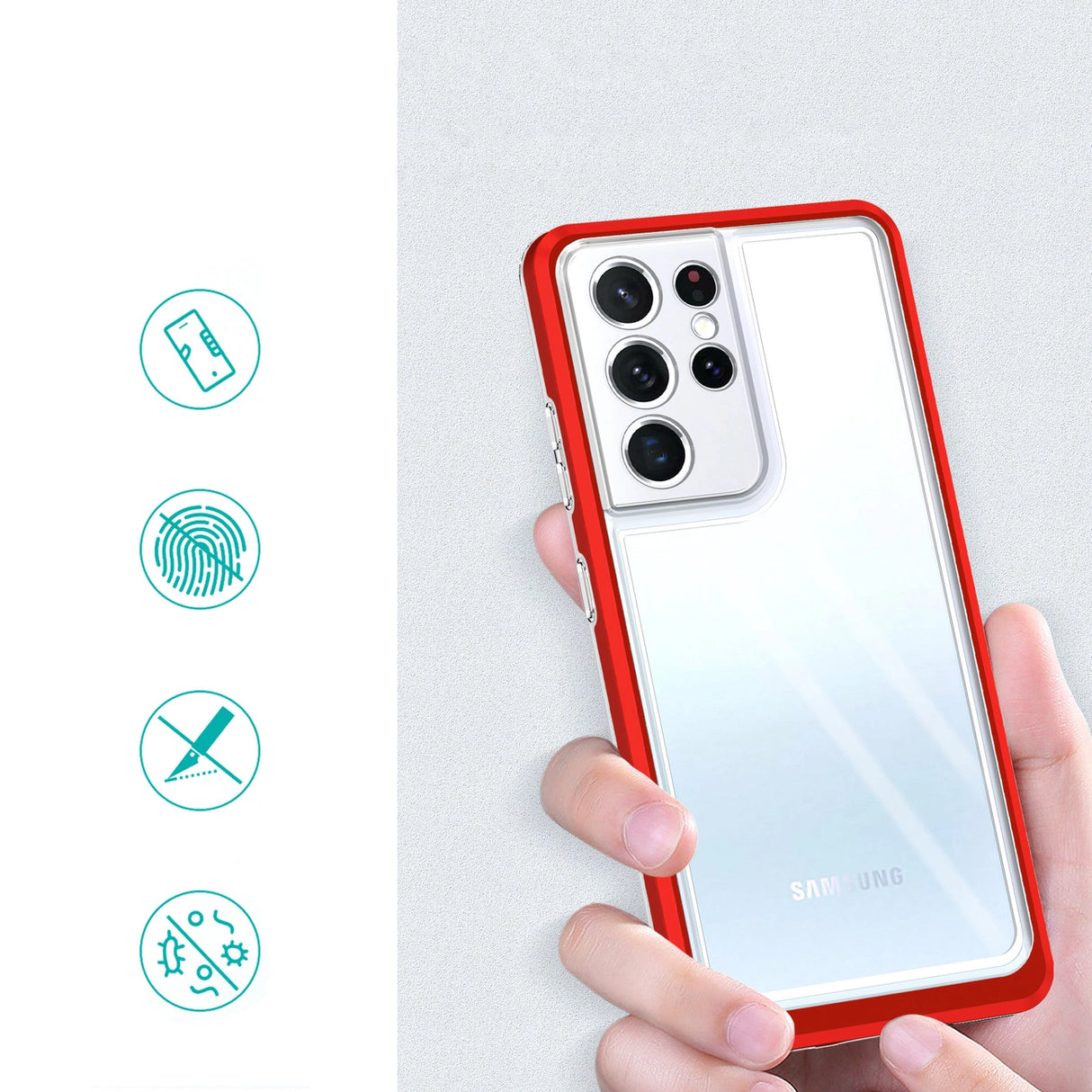 Clear 3in1 Case til Samsung Galaxy S21 Ultra 5G Frame Gel Cover Rød