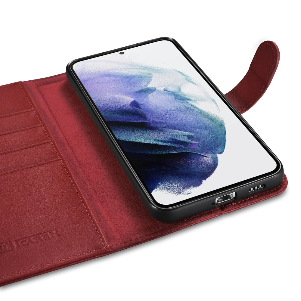 iCarer Haitang Læder Wallet Case Læder Case til Samsung Galaxy S22 + (S22 Plus) Wallet Housing Cover Red (AKSM05RD)