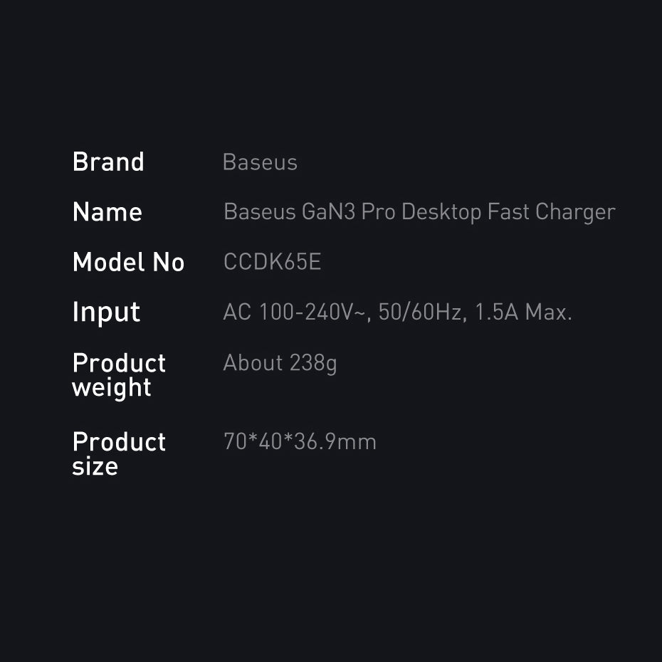 Baseus GaN3 Pro fast charger GaN 2 x USB Type C / 2 x USB 65W PD, QC4.0+, AFC, PPS + cable USB Type C - USB Type C 1m black (CCGP040101)