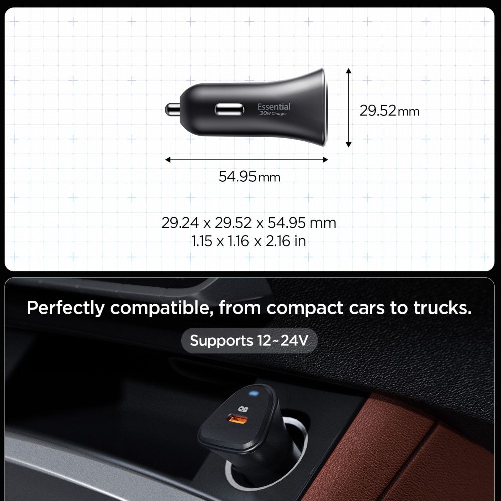 Spigen Essential Ev301 1 Ports Biloplader 30 W Sort