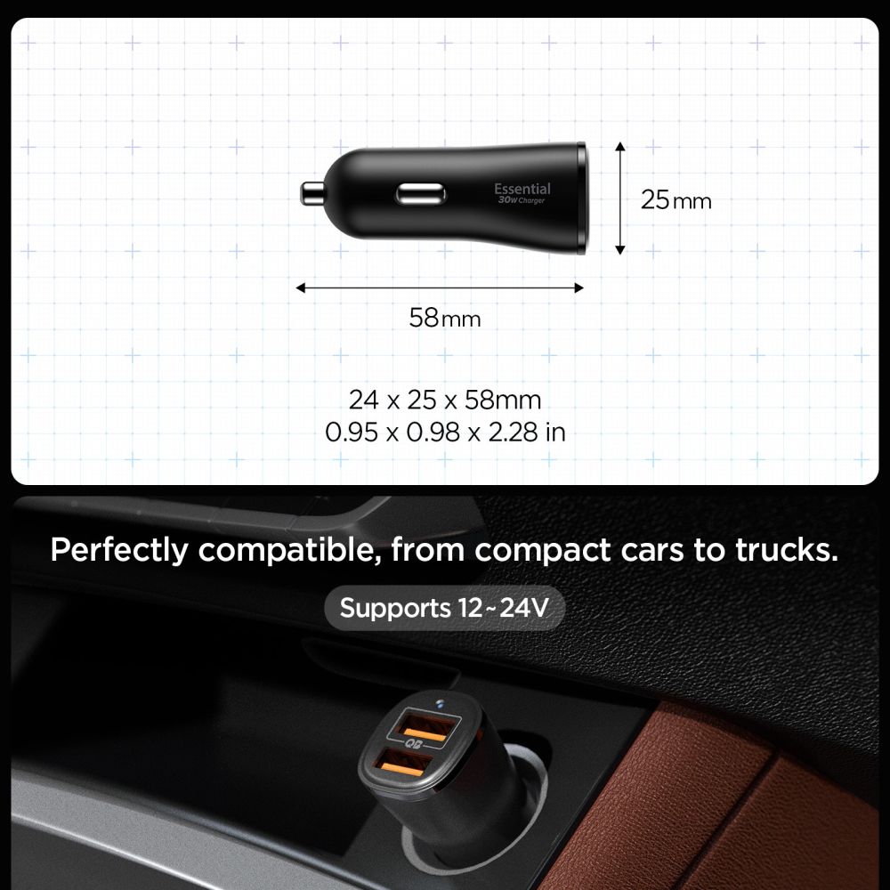 Spigen Essential Ev302 2 Ports Biloplader 30 W Sort
