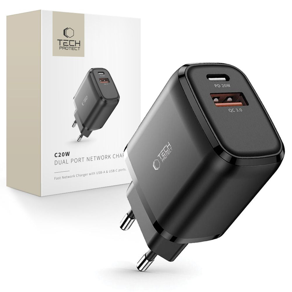 Tech Protect C20 W 2 Port Netværksopladder Pd 20 W / Qc3.0 Sort