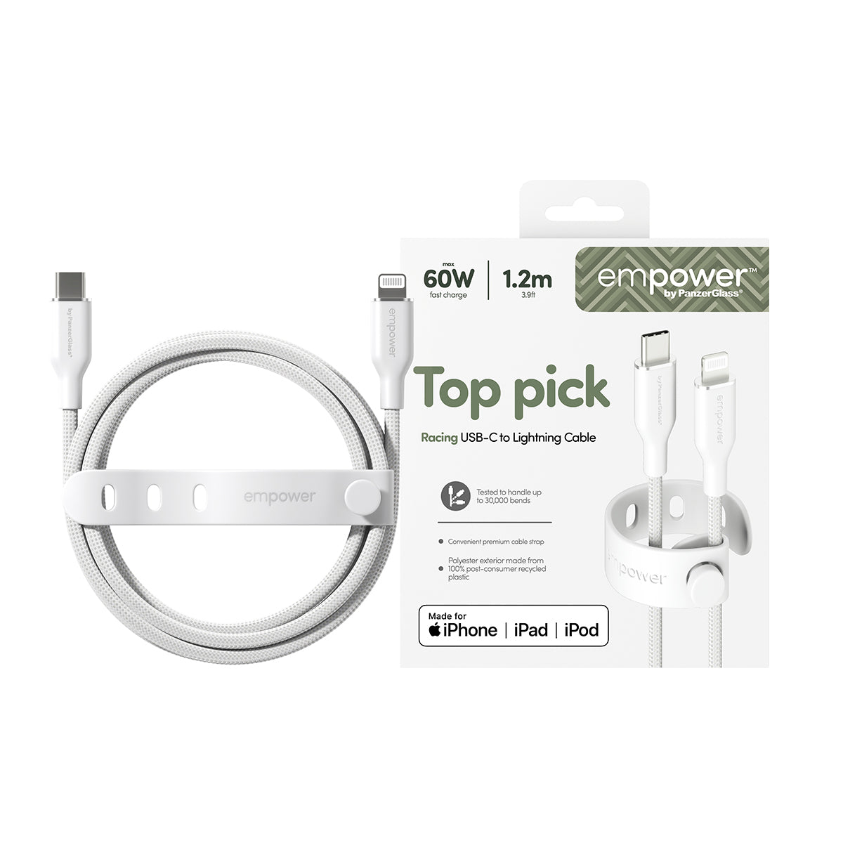 PanzerGlass empower by ® Racing 60W USB-C to Lightning Kabel | USB 2.0 | 1.2M | Silver White