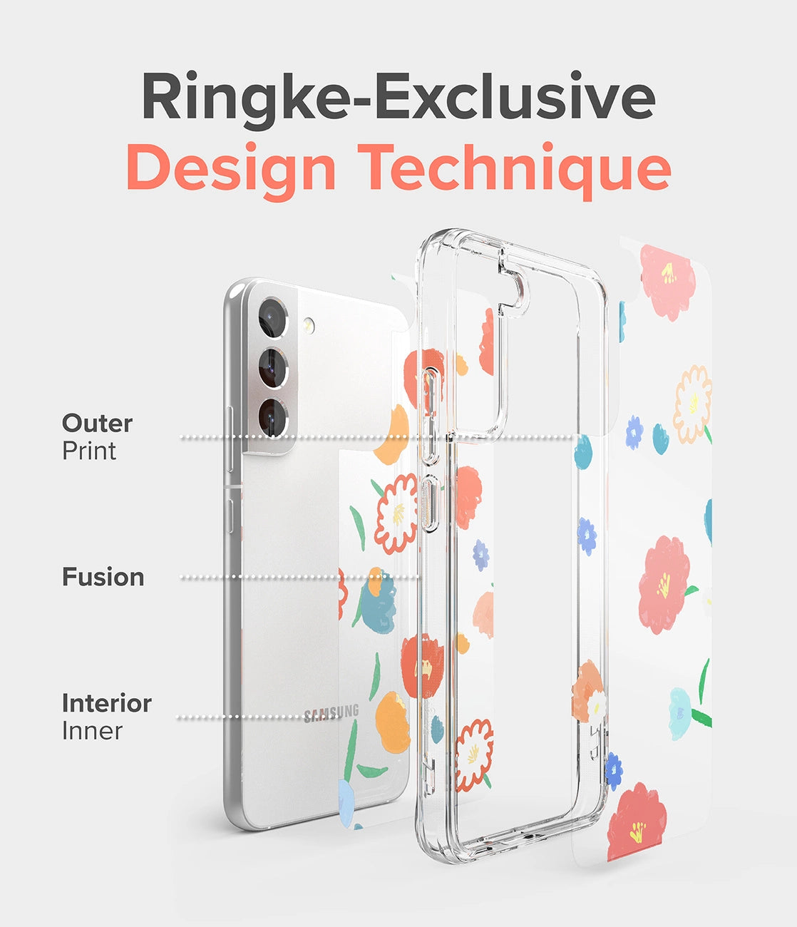 Ringke Fusion Design Armored Case Cover med Gel Frame til Samsung Galaxy S22 + (S22 Plus) gennemsigtig (Floral) (F593R31)