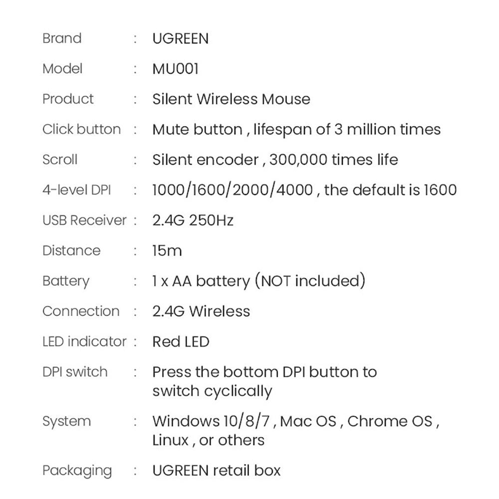 Ugreen praktisk trådløs mus USB sort (MU001)
