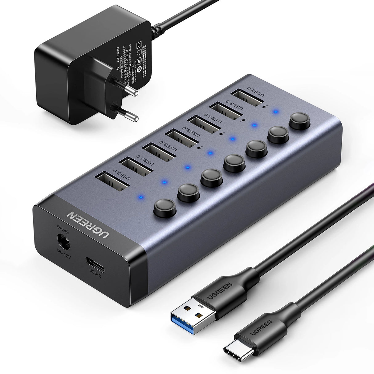 Ugreen multifunktionelle HUB 7in1 USB Type C - 7x USB Type A 3.0 PD DC 12V grå (CM481)