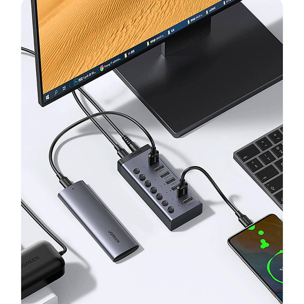 Ugreen multifunktionelle HUB 7in1 USB Type C - 7x USB Type A 3.0 PD DC 12V grå (CM481)