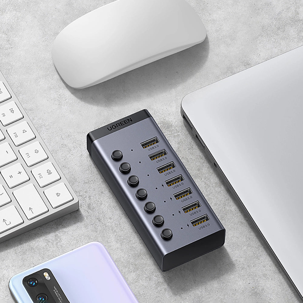 Ugreen multifunktionelle HUB 7in1 USB Type C - 7x USB Type A 3.0 PD DC 12V grå (CM481)