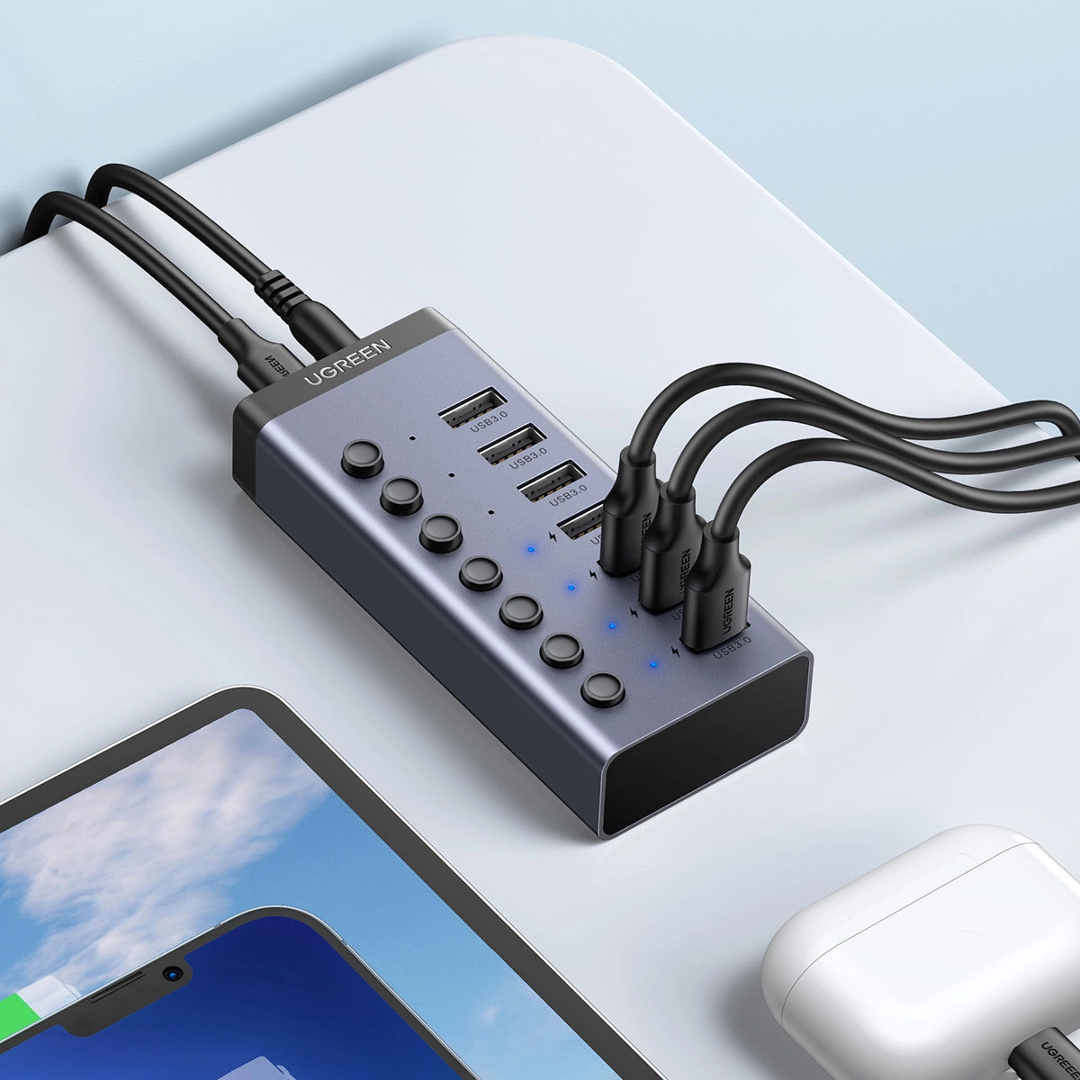 Ugreen multifunktionelle HUB 7in1 USB Type C - 7x USB Type A 3.0 PD DC 12V grå (CM481)