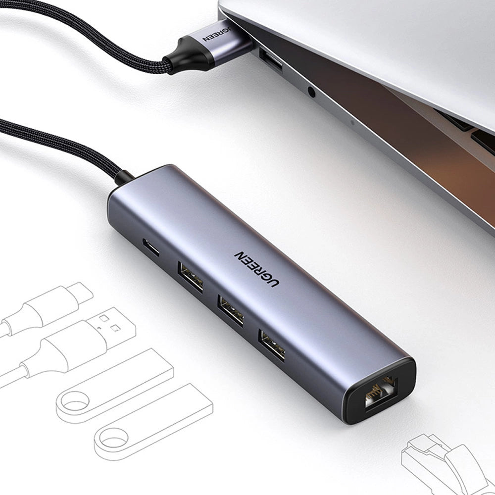 Ugreen multifunktionsadapter HUB USB 3.0 - 3 x USB / Ethernet RJ-45 / USB Type C PD grå (CM475)