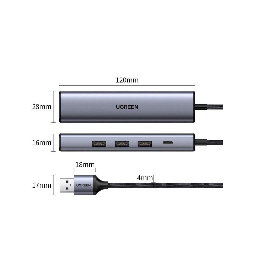Ugreen multifunktionsadapter HUB USB 3.0 - 3 x USB / Ethernet RJ-45 / USB Type C PD grå (CM475)