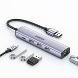Ugreen multifunktionsadapter HUB USB 3.0 - 3 x USB / Ethernet RJ-45 / USB Type C PD grå (CM475)