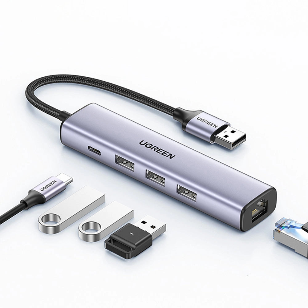 Ugreen multifunktionsadapter HUB USB 3.0 - 3 x USB / Ethernet RJ-45 / USB Type C PD grå (CM475)