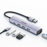 Ugreen multifunktionsadapter HUB USB 3.0 - 3 x USB / Ethernet RJ-45 / USB Type C PD grå (CM475)