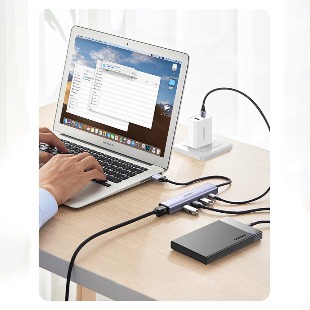 Ugreen multifunktionsadapter HUB USB 3.0 - 3 x USB / Ethernet RJ-45 / USB Type C PD grå (CM475)