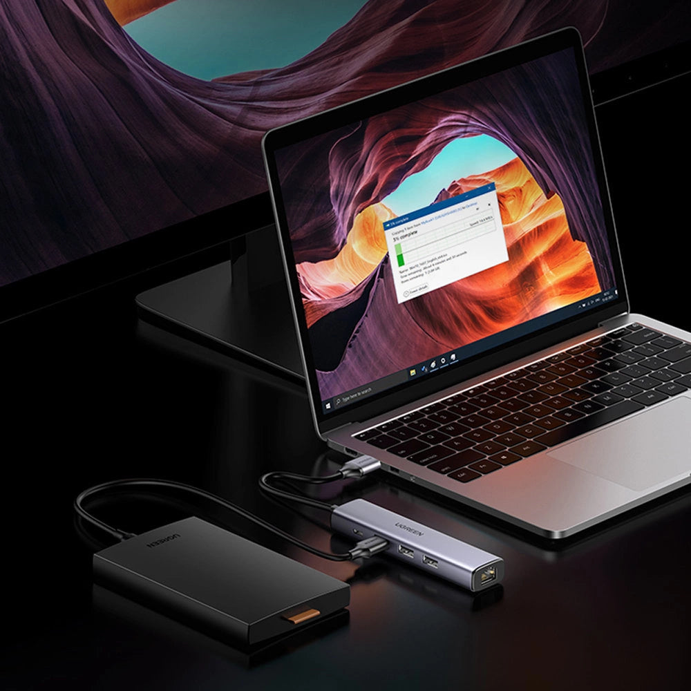 Ugreen multifunktionsadapter HUB USB 3.0 - 3 x USB / Ethernet RJ-45 / USB Type C PD grå (CM475)